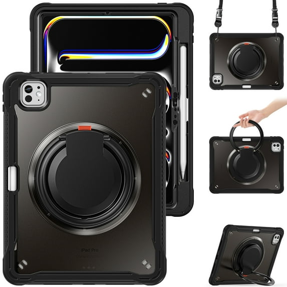 XYX For iPad Pro 11 inch Case (2025 M5/2024 M4), 360 Rotating Hand Grip, Shoulder Strap, Heavy Duty Drop Protection, Black