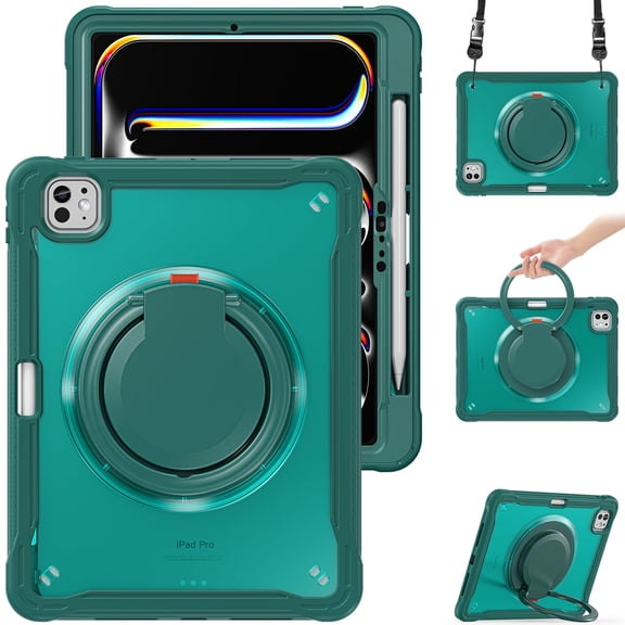 XYX For iPad Pro 11 inch Case (2025 M5/2024 M4), 360 Rotating Hand Grip, Shoulder Strap, Heavy Duty Drop Protection, Green