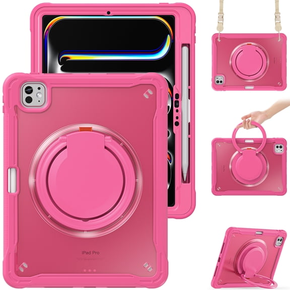 XYX For iPad Pro 11 inch Case (2025 M5/2024 M4), 360 Rotating Hand Grip, Shoulder Strap, Heavy Duty Drop Protection, Rose