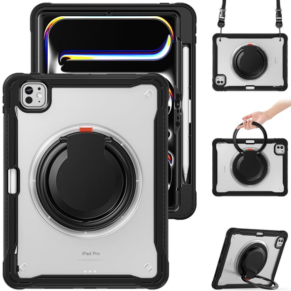 XYX For iPad Pro 11 inch Case (2025 M5/2024 M4), 360 Rotating Hand Grip, Shoulder Strap, Heavy Duty Drop Protection, Transparent