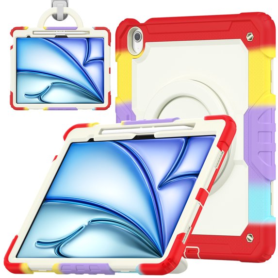 For iPad Pro 12.9 inch Case (2022/2021/2020/2018), 360 Rotating Shockproof Cover with Stand, Handle, Shoulder Strap, Rainbow Red