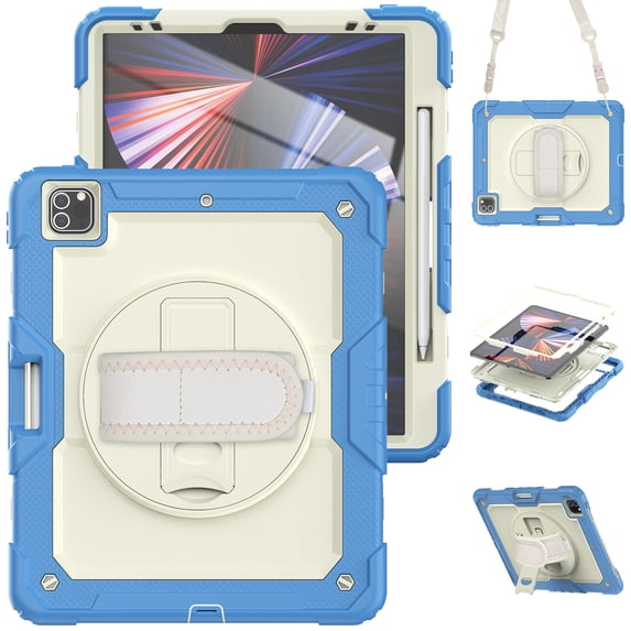 For iPad Pro 12.9 inch Case (2022/2021/2020/2018), 360 Rotating Shockproof Cover with Stand, Screen Protector, Shoulder Strap, Cream Navy