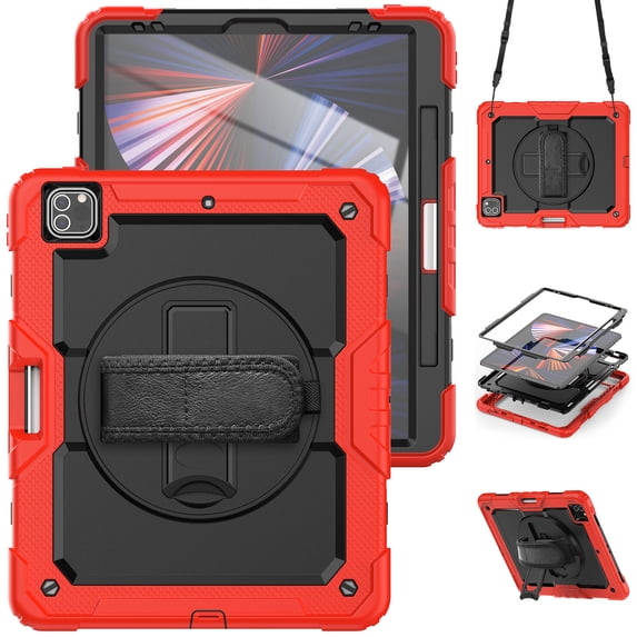 For iPad Pro 12.9 inch Case (2022/2021/2020/2018), 360 Rotating Shockproof Cover with Stand, Screen Protector, Shoulder Strap, Red
