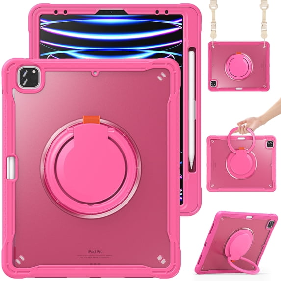 XYX for iPad Pro 12.9 inch Case 6th/5th/4th/3rd Generation, 360 Rotating Hand Grip, Shoulder Strap, Heavy Duty Drop Protection, Rose