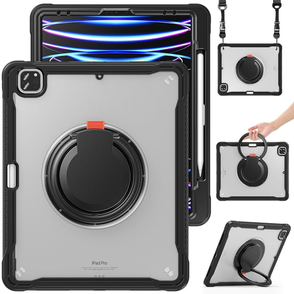 XYX For iPad Pro 12.9 inch Case 6th/5th/4th/3rd Generation, 360 Rotating Hand Grip, Shoulder Strap, Heavy Duty Drop Protection, Transparent