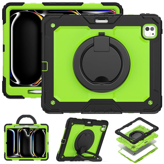 for iPad Pro 13 inch Case (M4 2024/M5 2025), 360 Rotating Shockproof Cover with Stand, Handle, Shoulder Strap, Lime Panel