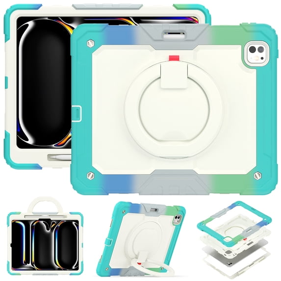 for iPad Pro 13 inch Case (M4 2024/M5 2025), 360 Rotating Shockproof Cover with Stand, Handle, Shoulder Strap, Rainbow Blue