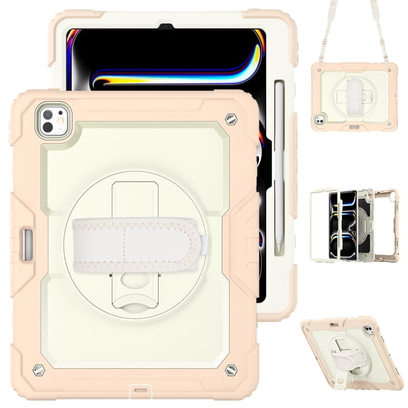 For iPad Pro 13 inch Case 2024 (M4), 360 Rotating Shockproof Cover with Stand, Screen Protector, Shoulder Strap, Cream Rose Gold