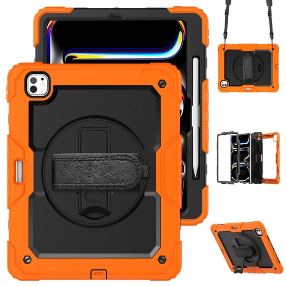 For iPad Pro 13 inch Case 2024 (M4), 360 Rotating Shockproof Cover with Stand, Screen Protector, Shoulder Strap, Orange