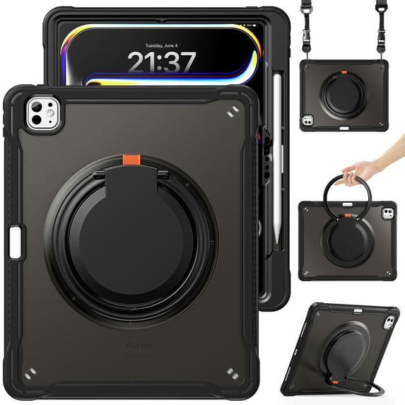 XYX For iPad Pro 13 inch Case (2025 M5/2024 M4), 360 Rotating Hand Grip, Shoulder Strap, Heavy Duty Drop Protection, Black