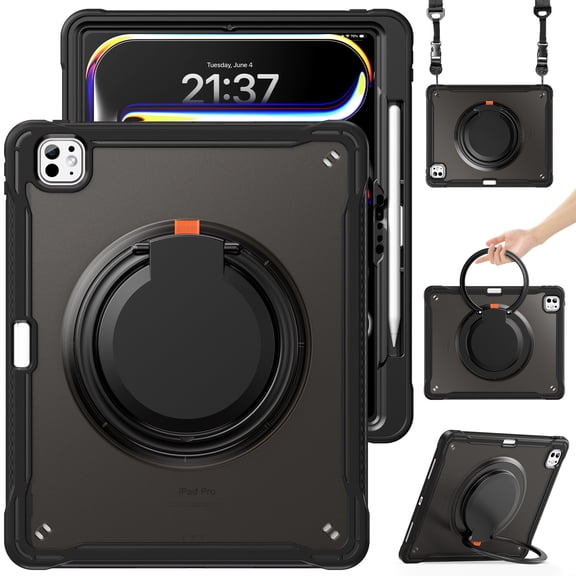 XYX For iPad Pro 13 inch Case (2025 M5/2024 M4), 360 Rotating Hand Grip, Shoulder Strap, Heavy Duty Drop Protection, Black