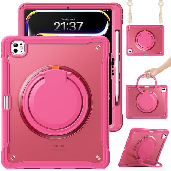 XYX For iPad Pro 13 inch Case (2025 M5/2024 M4), 360 Rotating Hand Grip, Shoulder Strap, Heavy Duty Drop Protection, Rose