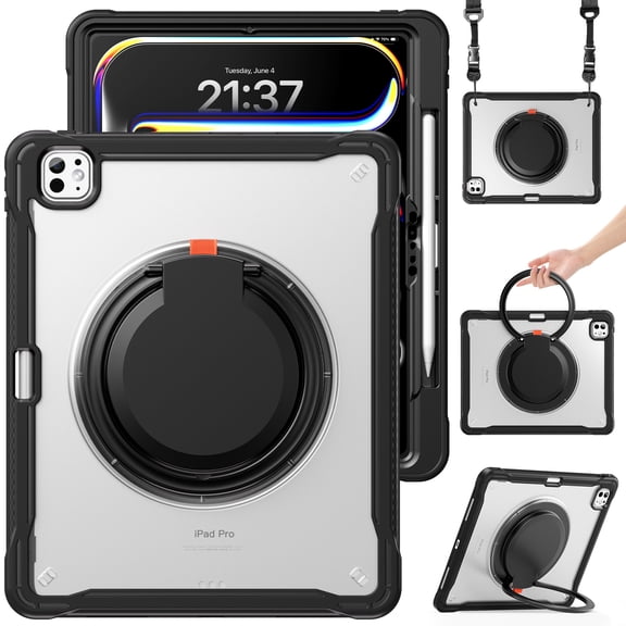 XYX For iPad Pro 13 inch Case (2025 M5/2024 M4), 360 Rotating Hand Grip, Shoulder Strap, Heavy Duty Drop Protection, Transparent