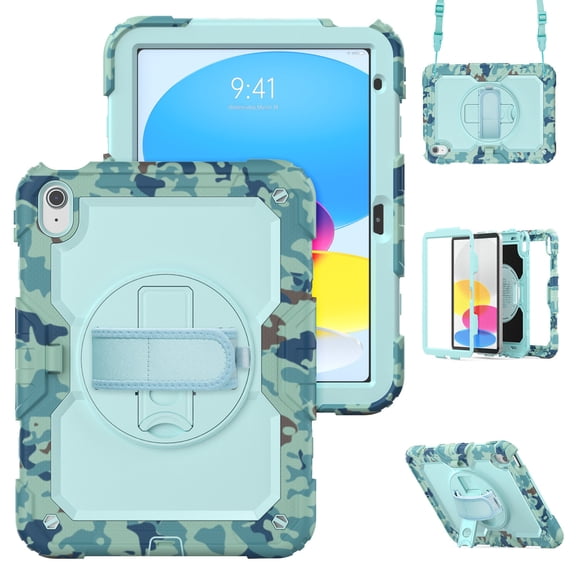 XYX For iPad (A16)11th /10th Generation 11/10.9 inch 2025/2022 Case, 360 Rotating Shockproof Cover with Stand, Screen Protector, Shoulder Strap, Blue Camouflage
