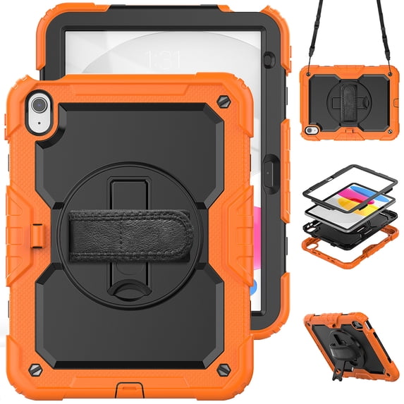 For iPad (A16)11th /10th Generation 11/10.9 inch 2025/2022 Case, 360 Rotating Shockproof Cover with Stand, Screen Protector, Shoulder Strap, Orange