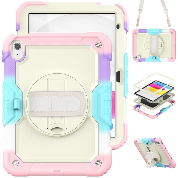 For iPad (A16)11th /10th Generation 11/10.9 inch 2025/2022 Case, 360 Rotating Shockproof Cover with Stand, Screen Protector, Shoulder Strap, Rainbow Pink
