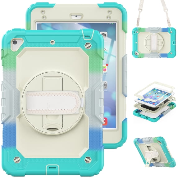 For iPad Mini 5th/4th Generation Case 7.9 inch 2019/2015, 360 Rotating Shockproof Cover with Stand, Screen Protector, Shoulder Strap, Rainbow Blue