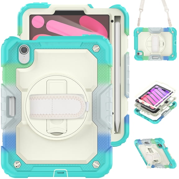 For iPad Mini 7th/6th Generation Case 8.3 inch 2024/2021, 360 Rotating Shockproof Cover with Stand, Screen Protector, Shoulder Strap, Rainbow Blue