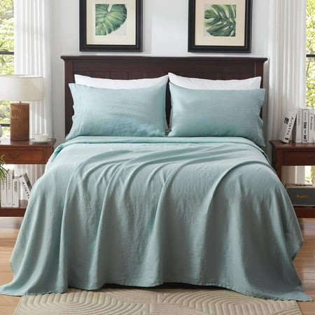 XYZ 100% French Linen Sheets Set, Breathable and Durable Linen Flax Bedding 4 Pcs Set for Hot Sleepers - 1 Flat Sheet, 1 Fitted Sheet, 2 Pillowcases - (Aqua, Queen)