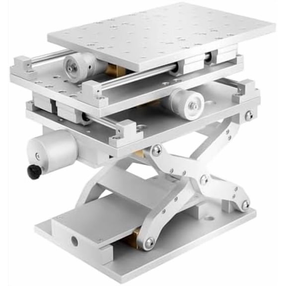 XYZ 3 Axis Moving Workbench, 3D Positioning Moving Table Aluminum Alloy Engraving Machine, 8.26x5.90in Portable XYZ Axis Lifting Marking Platform, Marking Working Bench, for Optical Lab, Silver