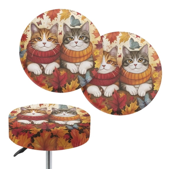 XYZCANDO 2 Pack Autumn Cat Maple Print Round Bar Stool Covers, Washable Stretch Elastic Bar Chair Seat Slipcovers for Kitchen Dining Bistro Cafe Home Decor