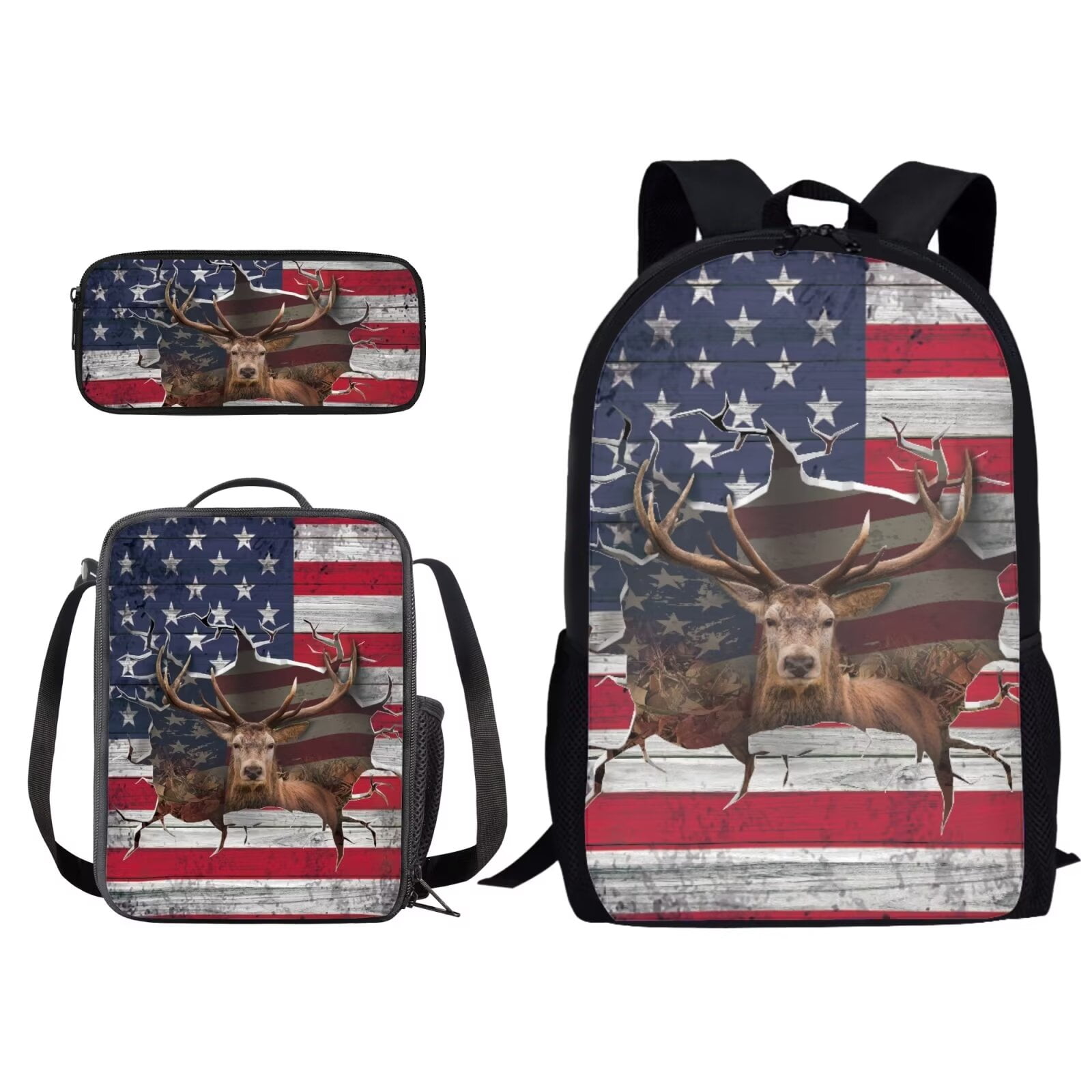 XYZCANDO 3D USA Flag Elk Print Backpack Set for Student, 3 Pack School Book Bag with Lunch Bag and Pencil Box for Outdoor Hiking Camping, Lightweight Daypack Rukcsack with Side Pocket