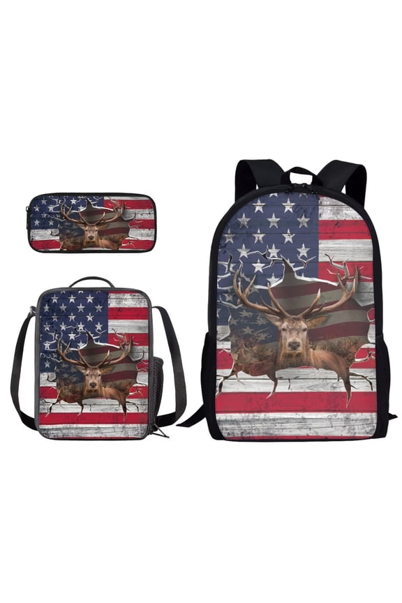 3D USA Flag Elk Print Backpack Set for Student, 3 Pack School Book Bag with Lunch Bag and Pencil Box for Outdoor Hiking Camping, Lightweight Daypack Rukcsack with Side Pocket