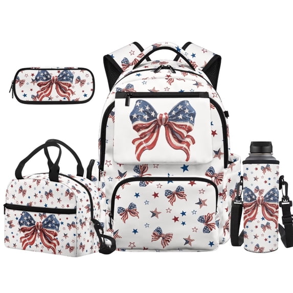 XYZCANDO American Bow Prints 4 Piece School Backpack Set with Lunch Box Pencil Case Water Bottle Bag Carrier Gift for Elementary School Students