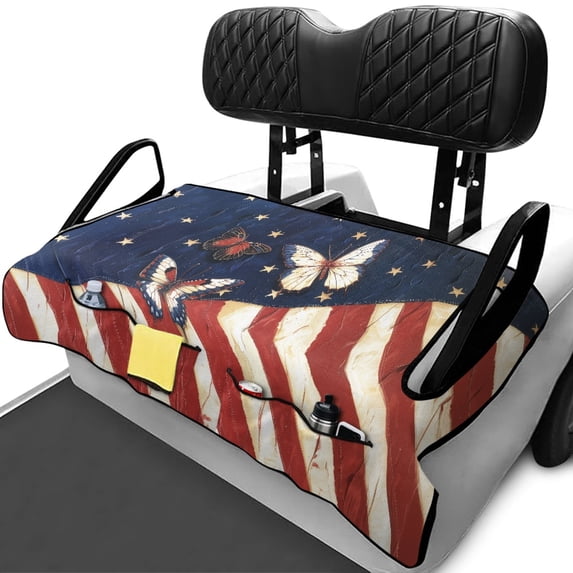 XYZCANDO American Flag Butterfly Golf Cart Seat Cover - 4 Storage Pockets Non-Slip Washable Terry Cloth Universal 2-Seater Golf Cart Seat Protector