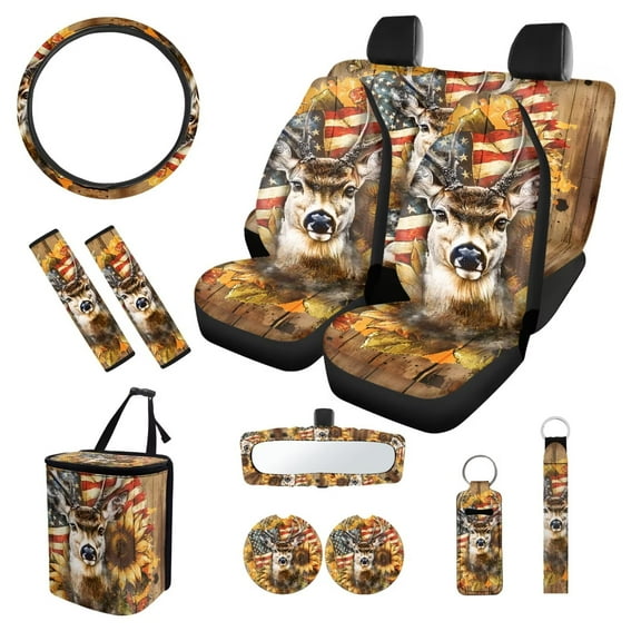 XYZCANDO American Flag Deer Car Seat Cover Keychain Lipstick Cover Car Trash Can Steering Wheel Cover Center Mirror Cover Coasters Car Seat Cover Removable Automotive Accessories