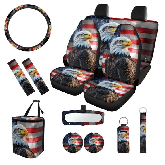 XYZCANDO American Flag Eagle Coasters Seat Belt Cover Keychain Lipstick Cover Car Trash Can Steering Wheel Cover Center Mirror Cover Car Seat Cover Lightweight Fits Small Sedans, Mini SUVs