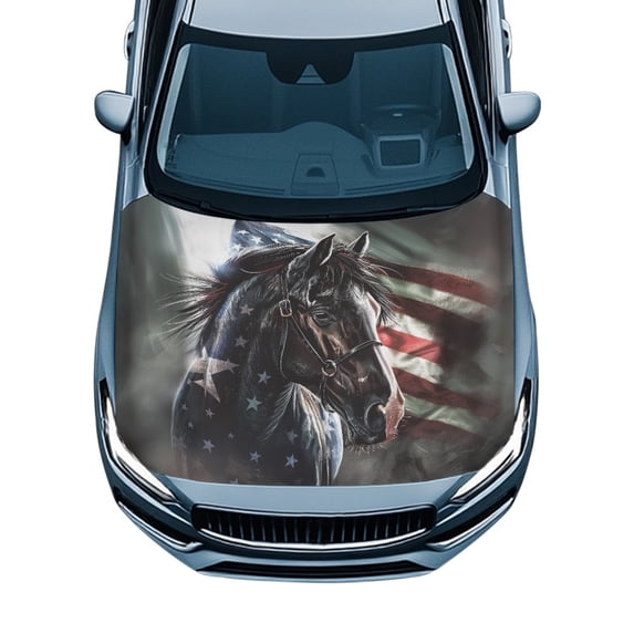 XYZCANDO American Flag Horse Design Car Engine Hood Cover for Trucks SUV Sedans, All Weather Protection Swimsuit Fabric Elastic Fabric Stretch Hood Covers for Car