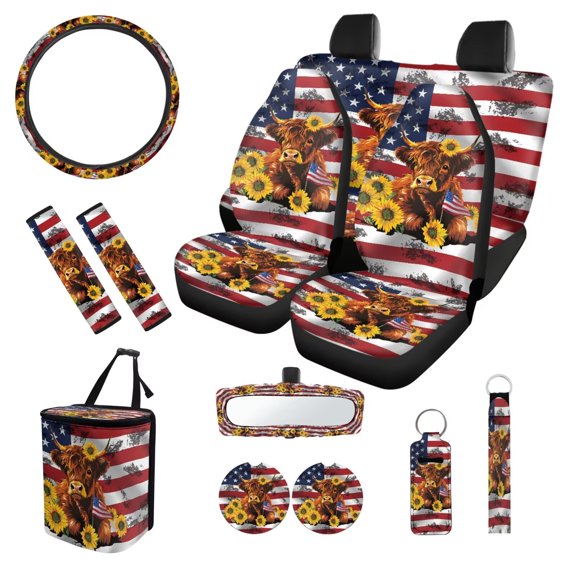 XYZCANDO American Flag Sunflower Cow Seat Belt Cover Car Seat Cover Keychain Lipstick Cover Car Trash Can Steering Wheel Cover Center Mirror Cover Coasters Personalized for Most Cars