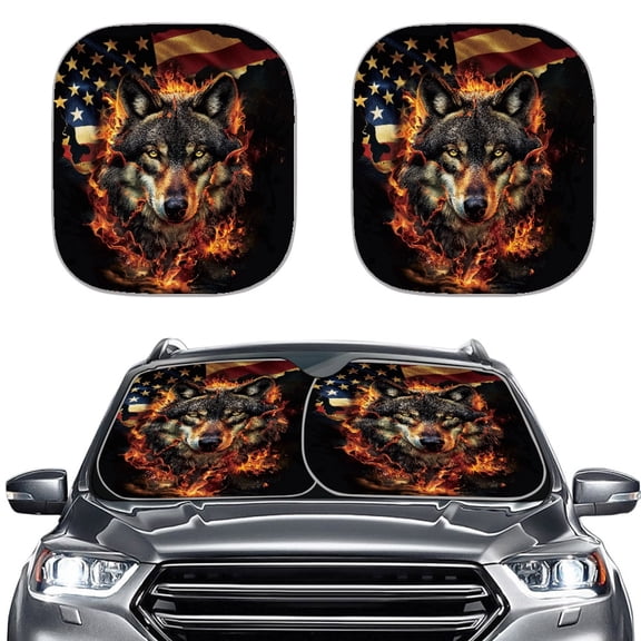 XYZCANDO American Flag & Wolf Design Foldable Car Windshield Sunshades 2 Pack for Front Window Sun Visor Window Shields For Cars UV Protection