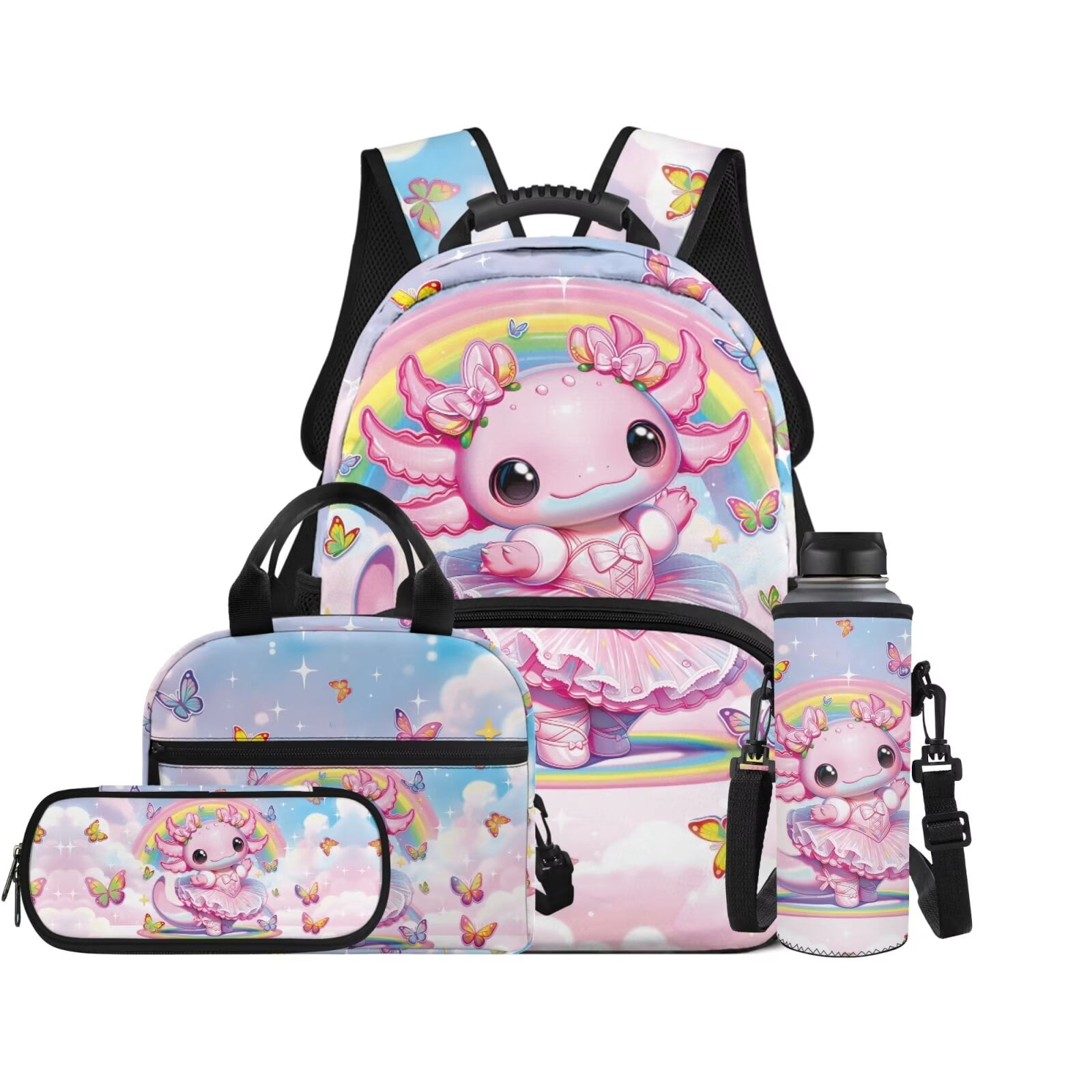 XYZCANDO Axolotl 4 Piece Kids Backpack Set with Portable Lunch Bag Pen Bag Water Bottle Bag Cute Butterfly Bookbag for Girls Backpacks Ages 8-14
