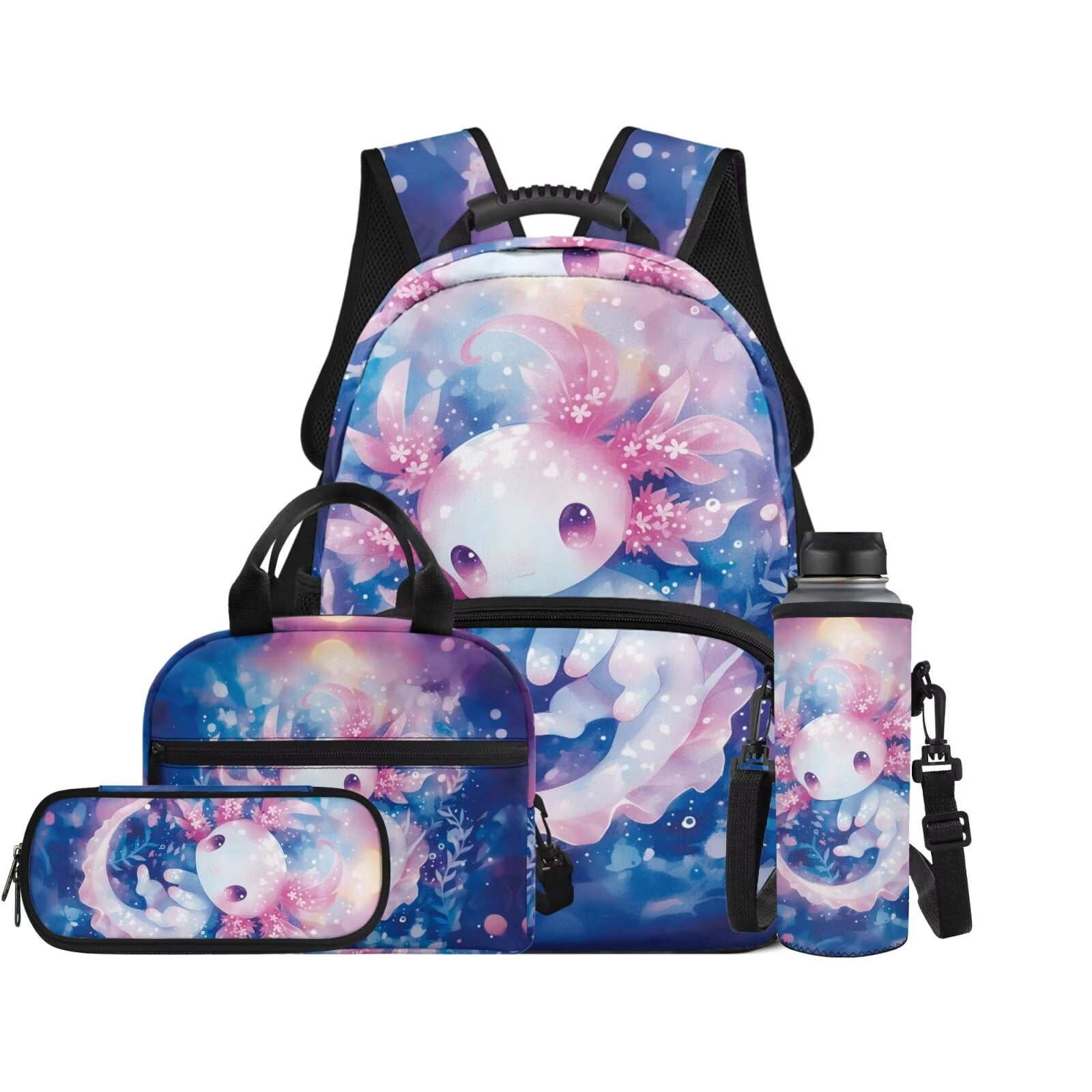XYZCANDO Axolotl 4 Piece School Backpack Set with Lunch Bag Pen Bag Water Bottle Carrier with Compartments Cute Florals Bookbags Gift for Girls Boys