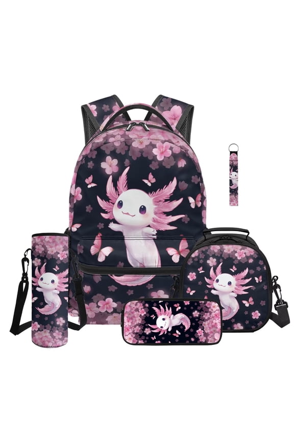 Axolotl 5Pcs Girls Backpack for School with Cherry Blossom Lunch Bag Multifunctional Pencil Case Water Bottle Bag Lanyard Keychain Fashion with Compartments