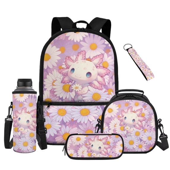 XYZCANDO Axolotl Daisy 5Pcs Kids Backpack Set for Girls with Lunch Box Multifunctional Pencil Case Water Bottle Bag Carrier Wristlet Keychain for Elementary Middle High School