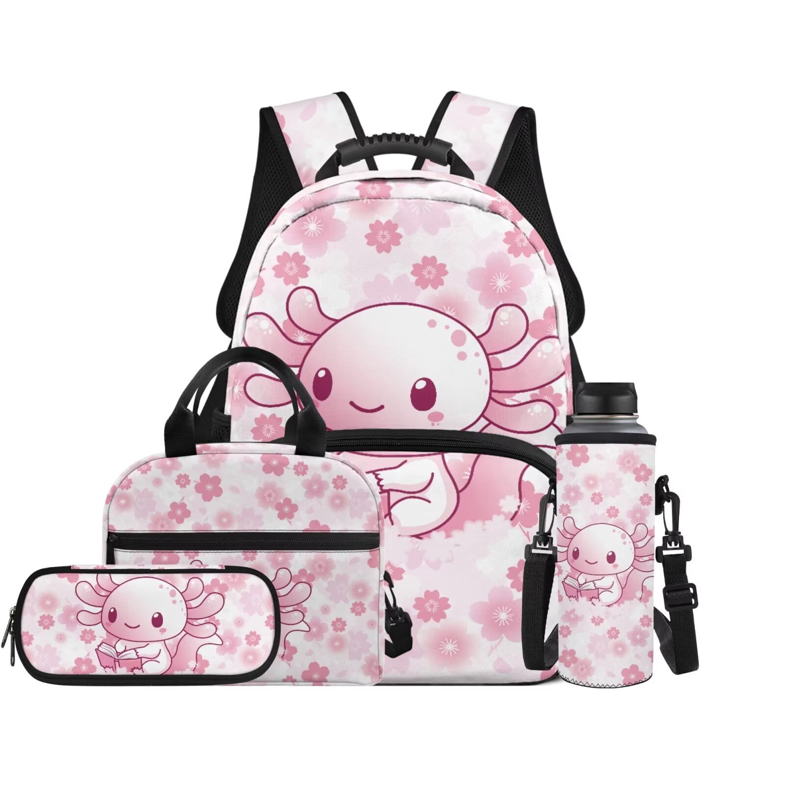 XYZCANDO Axolotl Kids Backpack Set for Girls 4Pcs with Lunch Bag Pencil Case Water Bottle Carrier Fashion Cherry Blossom Bookbag for Teens Girls Middle School