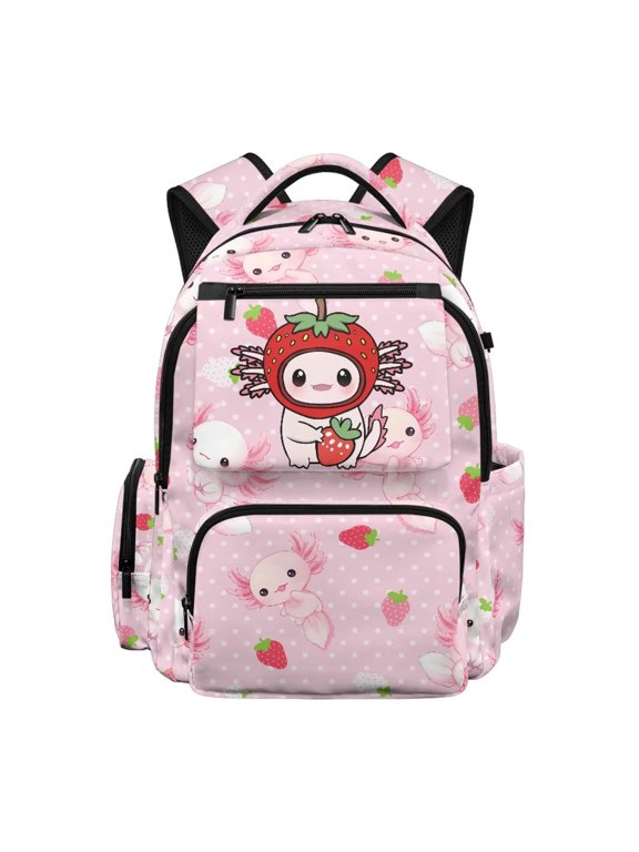 Axolotl Strawberry Backpack for School Boys 17 Inch Cute Kids Backpacks Large Capacity with Front Pocket Gift for Girls Boys