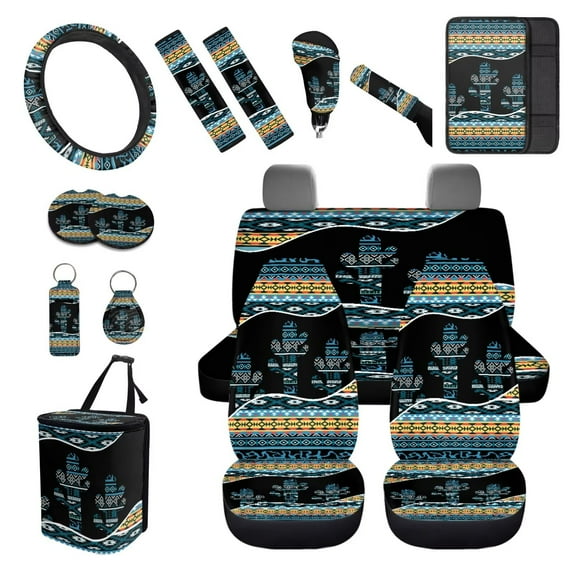 XYZCANDO Aztec Cactus Print Seat Belt Cover Armrest Cover Steering Wheel Cover Cushion Cover Trash Can Car Coasters Handbrake Cover Lipstick Cover Keychain Fender Cover Car Interior Decor