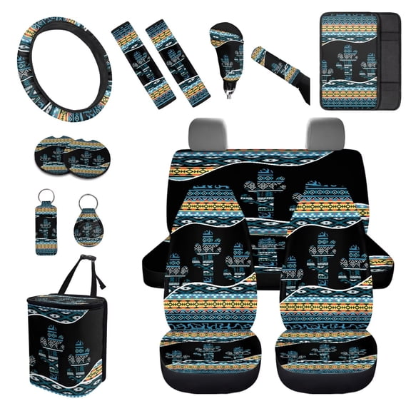 XYZCANDO Aztec Cactus Print Seat Belt Cover Armrest Cover Steering Wheel Cover Cushion Cover Trash Can Car Coasters Handbrake Cover Lipstick Cover Keychain Fender Cover Car Interior Decor