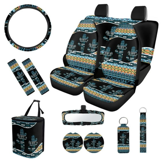 XYZCANDO Aztec Cactus Print Steering Wheel Cover Center Mirror Cover Coasters Car Seat Cover Seat Belt Cover Keychain Lipstick Cover Car Trash Can Fashion Universal Car Accessories Decoration