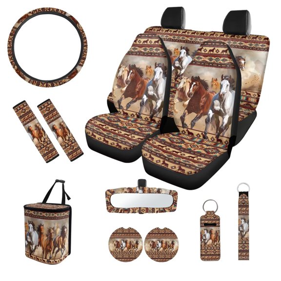 XYZCANDO Aztec Horse Print Coasters Center Mirror Cover Car Seat Cover Seat Belt Cover Keychain Lipstick Cover Car Trash Can Steering Wheel Cover Easy Installation Lightweight Fit Most Car