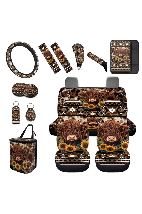 Aztec Sunflower Cow Fender Cover Keychain Seat Belt Cover Armrest Cover Steering Wheel Cover Car Cushion Cover Car Coasters Trash Can Lipstick Cover Handbrake Cover Fashion