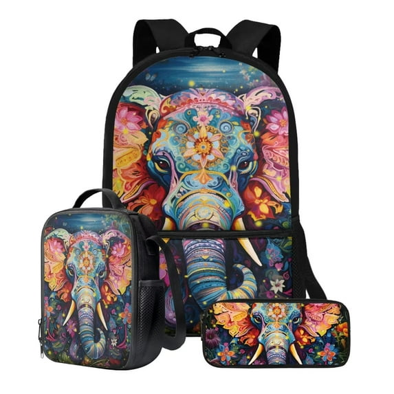 XYZCANDO Aztec Tribal Elephant Print Backpack Set Large Capacity Schoolbag Lunch Box Pencil Case 17 Inch Travel Laptop Backpacks Lightweight Rucksack Casual Daypack for Hiking Camping