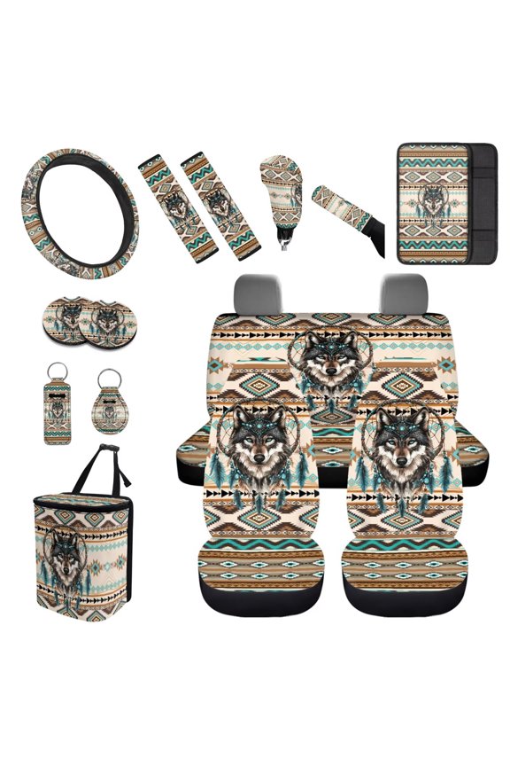 Aztec Wolf Armrest Cover Steering Wheel Cover Car Cushion Cover Seat Belt Cover Keychain Handbrake Cover Fender Cover Lipstick Cover Trash Can Car Coasters Washable