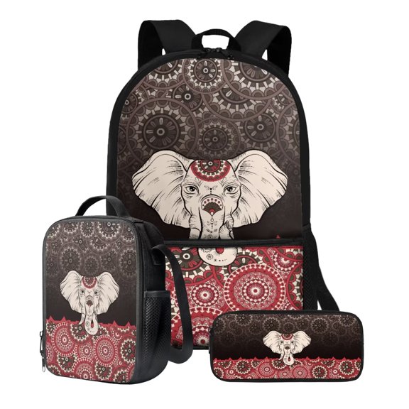 XYZCANDO Backpack Set Boys Girls Schoolbag 17 Inch Backpack Bohemian Elephant Red Print Lunch Box Pencil Case Travel Laptop Backpacks Rucksack Daypack, 3 Pack Book Bag for Student