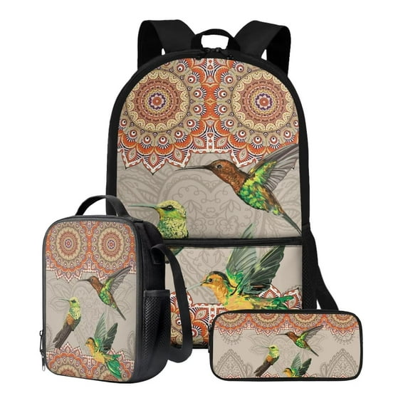 XYZCANDO Backpack Set Mandala Hummingbird Print Boys Girls Schoolbag 17 Inch Backpack Lunch Box Pencil Case Travel Laptop Backpacks Rucksack Daypack with Ergonomic Straps for Outdoor