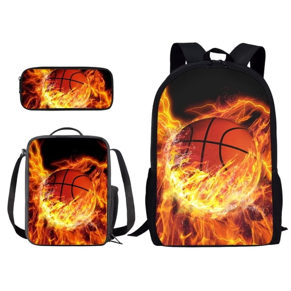 XYZCANDO Backpack Set for Student Vintage Fire Basketball Print 17 Inch School Bag with Lunch Bag and Pencil Case, Travel Laptop Bag with Ergonomic Straps Rucksack Daypack for Outdoor
